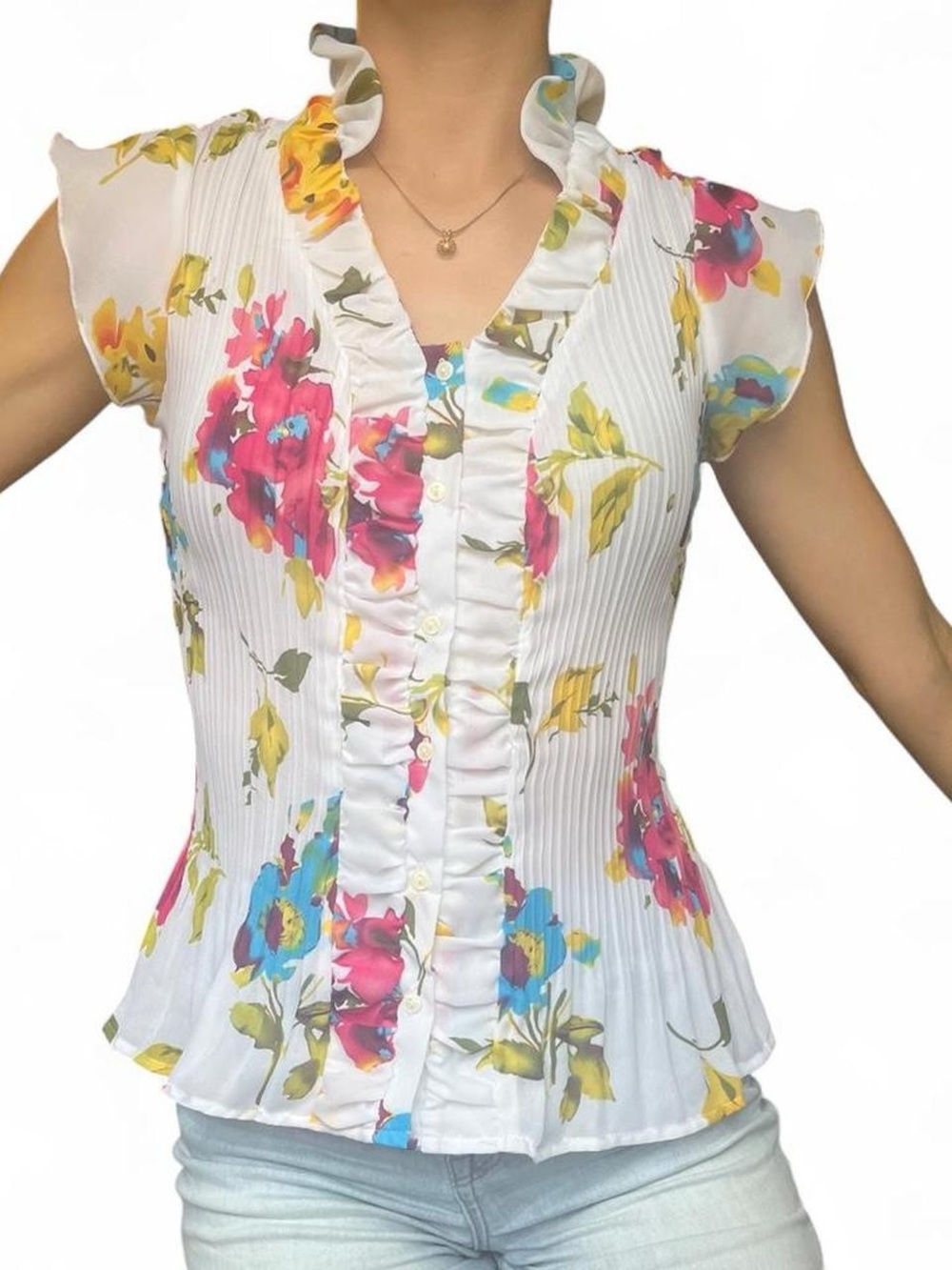 NWT White Floral Crinkle Button-Front Blouse with Pink & Blue Blooms